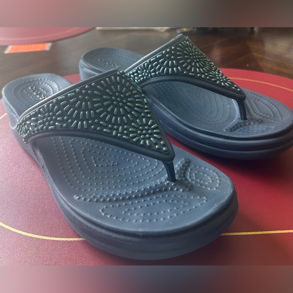 CROCS Black Wedge Sandals with Mint Beaded Straps